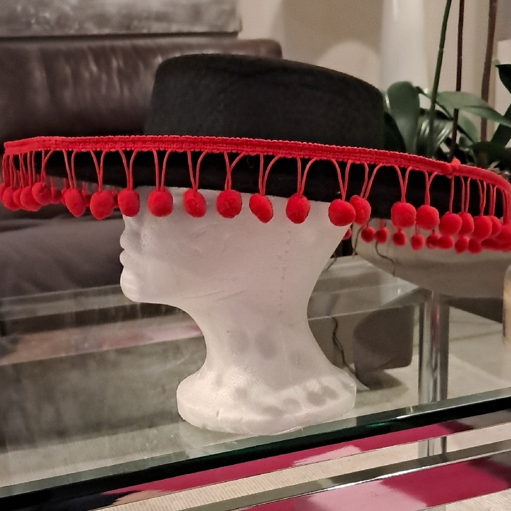 Spanish Style Black and Red Pom-Pom Women's Hat - Picture 8 of 11